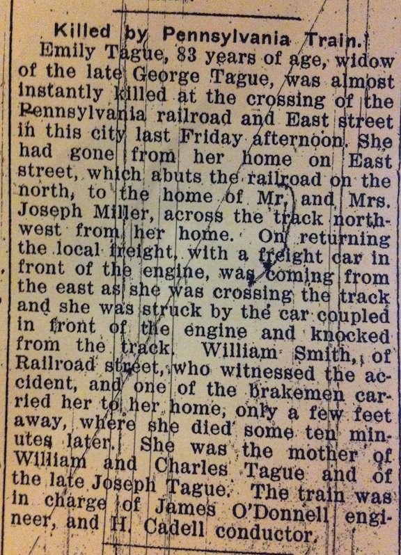 Emily Tague death notice and obituary, 14 November 1912, The Hancock Democrat, Greenfield, Indiana; viewed on microfilm 20 October 2014 , Hancock County Public Library, Greenfield, Indiana.