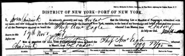 Ancestry.com. New York, Passenger Lists, 1820-1957 [database on-line]. Provo, UT, USA: Ancestry.com Operations, Inc., 2010. Year: 1851; Arrival: New York, New York; Microfilm Serial: M237, 1820-1897; Microfilm Roll: Roll 107; Line: 1; List Number: 1682; Ship or Roll Number : Roll 107. Image 614.