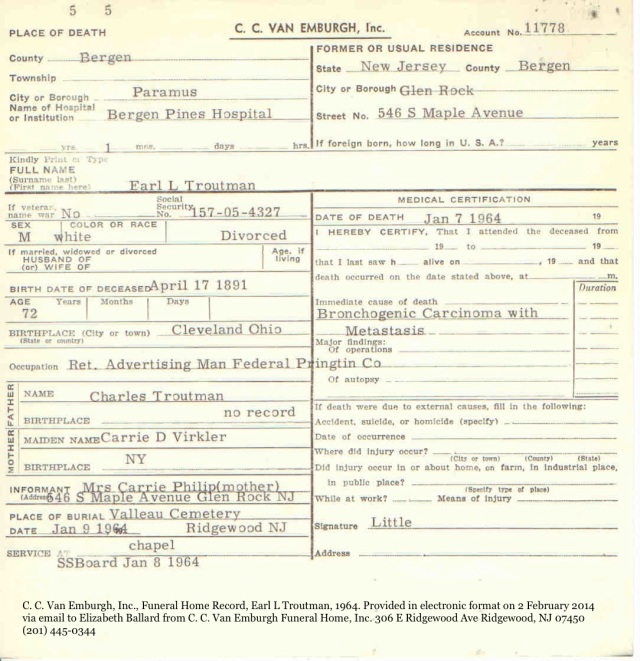 C. C. Van Emburgh, Inc. (Ridgewood, New Jersey) (ccve1895@aol.com), Funeral Home Record, Earl L Troutman, 7 January 1964; Scanned PDF Copy supplied via email to Elizabeth Wilson Ballard, 22 July 2013. 