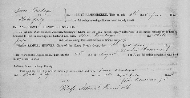 Isaac Vanduyn and Phebe Judg marriage record, Henry County, Indiana